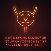 Smiling urinary bladder neon light icon. Healthy urinary tract. Urinary system health. Glowing sign with alphabet, numbers and symbols. Vector isolated illustration