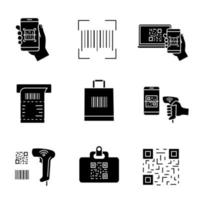 Barcodes glyph icons set. Smartphone barcode scanning app, linear code, QR code, ATM cash receipt, shopping bag, handheld bar code reader, id badge. Silhouette symbols. Vector isolated illustration