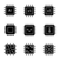 Processors glyph icons set. AI chip, quad, octa core processors, integrated circuit, microprocessor temperature, smiling chip. Silhouette symbols. Vector isolated illustration