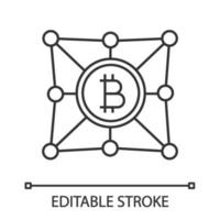Blockchain network linear icon. Bitcoin. Cryptocurrency. Thin line illustration. Digital money. Fintech and big data. Contour symbol. Vector isolated outline drawing. Editable stroke