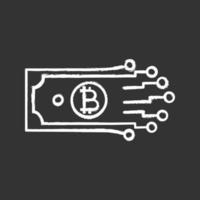 icono de tiza de dinero digital. bitcoin criptomoneda pago electrónico. papel moneda con vía de chipset. moneda criptográfica. dinero electrónico ilustración de pizarra de vector aislado