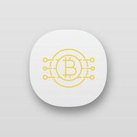 Bitcoin app icon. Virtual currency. Online banking. Bitcoin payment. Contour symbol. Microchip pathways with coin inside. UI UX user interface. Web or mobile application. Vector isolated illustration