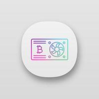 Bitcoin mining graphic card app icon. UI UX user interface. Video card for crypto business. Cryptocurrency gpu mining farm. Web or mobile application. Vector isolated illustration