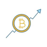 Bitcoin market growth chart color icon. Cryptocurrency prices rising. Statistics diagram with bitcoin sign. Isolated vector illustration