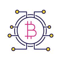 Bitcoin color icon. Virtual currency. Online banking. Bitcoin payment. Contour symbol. Microchip pathways with coin inside. Isolated vector illustration