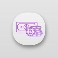 Bitcoin coins stack and dollar banknote app icon. Cryptocurrency investment. Savings. Digital money deposit. UI UX user interface. Web or mobile application. Vector isolated illustration