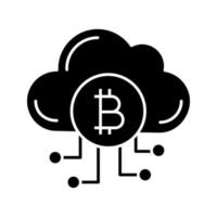 Cryptocurrency cloud mining service glyph icon. Bitcoin crypto mining. Cryptocurrency business. Cloud with bitcoin. Silhouette symbol. Negative space. Vector isolated illustration