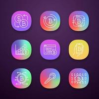 conjunto de iconos de aplicación de criptomoneda bitcoin. interfaz de usuario ui ux. intercambio de bitcoin, fintech, gráfico de crecimiento del mercado, software de minería, billetera digital, clave, código binario. Ilustraciones de vectores aislados