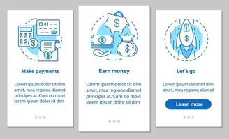 Business development onboarding mobile app page screen with linear concepts. Financial services. Make payment, earn money, startup launch. Steps instructions. UX, UI, GUI vector illustrations