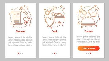 pantalla de la página de la aplicación móvil de incorporación de cocina de alimentos con conceptos lineales. encuentre recetas, preparación de comidas, deliciosos pasos de platos, instrucciones gráficas. ux, ui, plantilla vectorial gui con ilustraciones vector