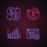 Bitcoin cryptocurrency neon light icons set. Currency exchange, bitcoin refund, market growth chart, mining software. Glowing signs. Vector isolated illustrations