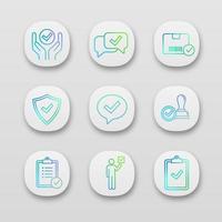 Approve app icons set. Quality service, approved chat, delivery, security, dialog, stamp, task planning, voter, clipboard with checkmark. UI UX user interface. Vector isolated illustrations