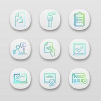 Approve app icons set. Approval document, checking, checklist, approval chat, contract signing, checkbox, chatbot, certificate, approved website. UI UX user interface. Vector isolated illustrations