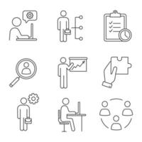 Business management linear icons set. Technical chat, employee skills, task planning, staff searching, presentation, solution, manager, office, teamwork. Isolated vector illustrations. Editable stroke