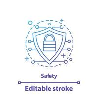 Safety concept icon. Protection, defense. Shield with padlock idea thin line illustration. Private information secure. Digital security. Vector isolated outline drawing. Editable stroke