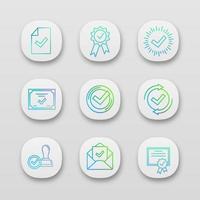 Approve app icons set. Document verification, award medal, check mark, certificate, checking process, license, email confirmation, approved stamp. UI UX user interface. Vector isolated illustrations