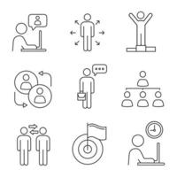 Business management linear icons set. Chatting, decision, success, partnership, speech, hierarchy, partners, achievement, working hours. Isolated vector outline illustrations. Editable stroke