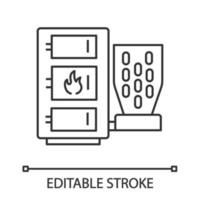 Pellet boiler linear icon. Central heating system. Thin line illustration. Solid fuel boiler. Pellet burner system with three chambers. Contour symbol. Vector isolated outline drawing. Editable stroke