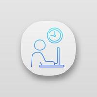 Working hours app icon. UI UX user interface. Worker. Freelance job. Person working with laptop. Web or mobile application. Vector isolated illustration