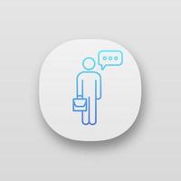 Thinking businessman app icon. UI UX user interface. Managers opinion. Speech. Man talking. Person with speech bubble and briefcase. Web or mobile application. Vector isolated illustration
