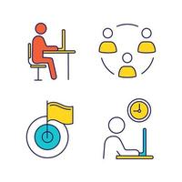 conjunto de iconos de color de gestión empresarial. trabajo remoto, trabajo en equipo, logros, horas de trabajo. ilustraciones de vectores aislados