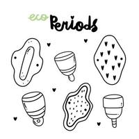 Hand drawn doodle vector set of eco-friendly hygiene products for menstruation