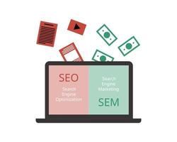 comparison of SEO and SEM or search engine marketing vector