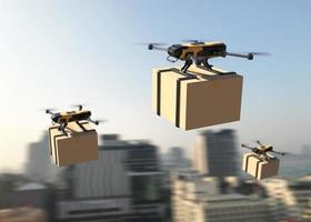 Drone delivering package into the city. Business air transportation. Unmanned aircraft robot concept. Fast air shipping