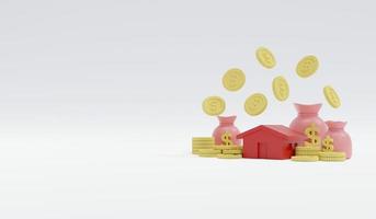 3D Rendering concept of money, loan, mortgage, financial. Pastel coins and money bag and a house with space for text on the left on white background. 3D Render. illustration. Minimal style. photo