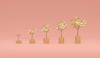 3D Rendering of growing of money tree with coin leave arrange small to big on stack of coin on background concept of financial investment, financial growth, achievement. 3D Render. 3D illustration. photo