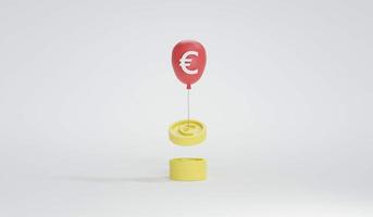 3D Rendering of Euro red balloon taking Euro yellow coin up isolated on background. 3D Render. 3D illustration. photo