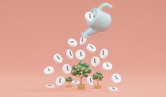 3D Rendering concept of time and money investment. A pot with a lot of money coins watering money Tree with time isolated on pink background. 3D Render. 3D illustration. Minimal style.