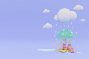 3D Rendering concept of money insurance, financial services. Pastel coins and moneybag under an umbrella in rain with space for text on the left. 3D Render. 3d illustration. Minimal style.