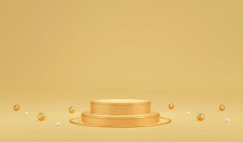 3D rendering concept of blank gold podium product display with sphere shape decoration elements for commercial cosmetic luxury design. 3D Rendering. 3D illustration. photo
