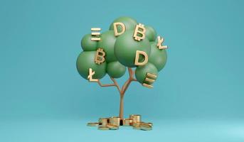 3D Rendering concept of cryptocurrency money tree. Cryptocurrency symbols on tree on background. 3D Render. 3d illustration. Bitcoin, Ethereum, Dogecoin, litecoin. photo