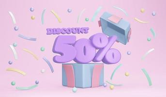 Discount banners 50 percent. 3D rendering of explosion of opened gift box showing discount percentage and confetti on background. 3D Render. 3D illustration.