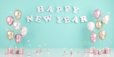 3D Rendering concept of Happy new year text on wall with balloons and gifts in blue theme. 3D Render. 3D illustration. photo
