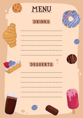 Menu for a cafe or coffee shop. Sweets, pastries, coffee, sweets