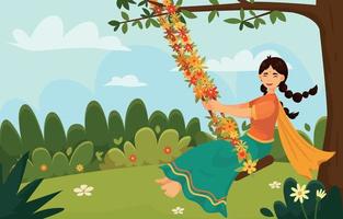 Young Woman Playing Swings on Raja Sankranti Celebration vector