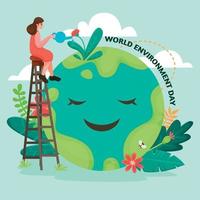 feliz día mundial del medio ambiente con mujeres regando plantas vector