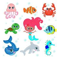 Underwater world set, Mermaid and Inhabitants of the sea world isolated on white background,cute, funny underwater creatures vector illustration in flat style print