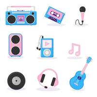 Music equipment set ,retro cassette, tape recorder, microphone, vintage music, party mix stereo set. Vector illustration