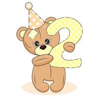 número dos y oso de peluche, tarjeta de cumpleaños de bebé con fondo blanco aislado, lindo personaje de caricatura y número dos, estampado textil, empaque, vector , invitaciones de fiesta