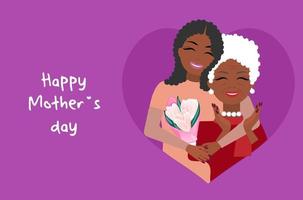 Cute mother's day poster, african american woman hugging an elderly mother with gray hair, flat style, modern illustration, textile print, packaging, postcard vector