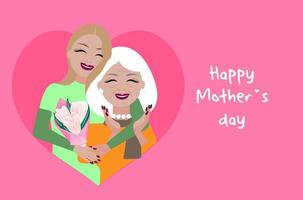 Cute mother's day poster, blonde woman hugging elderly mother with gray hair, flat style, modern illustration, textile print, packaging, postcard vector