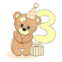 Number three and teddy bear, baby birthday card on white isolated background, cute cartoon character and number three, textile print, packaging, vector illustration, party invitations