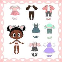colección de ropa de muñecas de papel hermosa niña afro, para aplicaciones web, impresión, recortes, juegos infantiles, diseño, ilustración vectorial vector