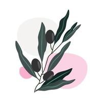 Abstract olive leaves, modern art poster in pastel colors, geometric elements, leaves and berries, olives, design for social networks, cards, print. vector