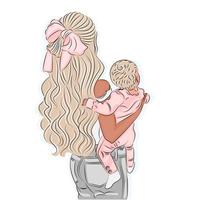 Young mother holding a cute baby in her arms, Sketch with a line in color, Vector illustration of a mother holding her little daughter in her arms, Happy Mother's Day greeting card.