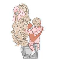 joven madre sosteniendo a un lindo bebé en sus brazos, dibujando con una línea en color, ilustración vectorial de una madre sosteniendo a su pequeña hija en sus brazos, feliz tarjeta de felicitación del día de la madre. vector